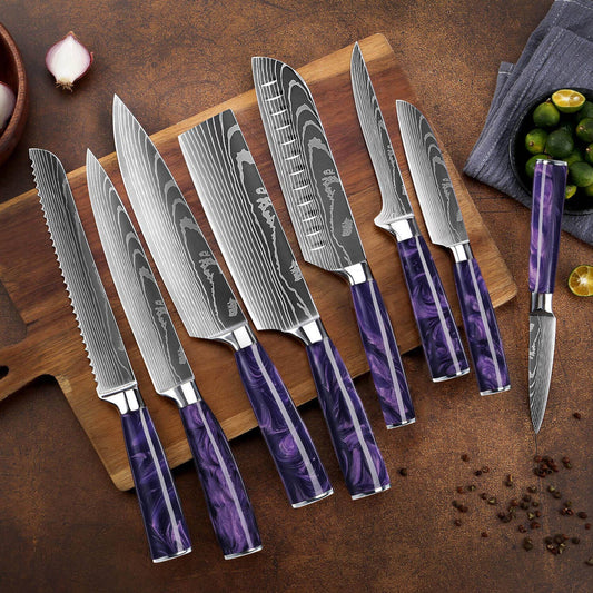 8-Piece Japanese Kitchen Knife Set with Purple Resin Handle