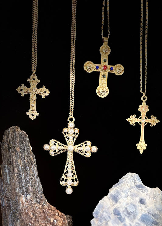 Fierce Faith Vibes: 4-Piece Gold Cross Costume Necklace Set