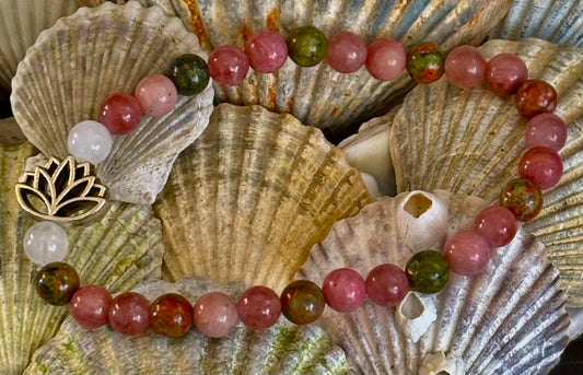 Chakra Healing Bracelet – Rose Quartz, Rhodonite & Unakite – 6mm Natural Stone Beads with Lotus Charm