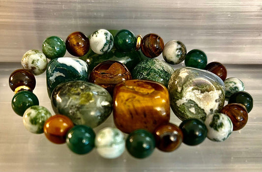 Moss Agate & Tiger Eye Gemstone Bracelet – 8mm Beads for Strength, Healing & Protection