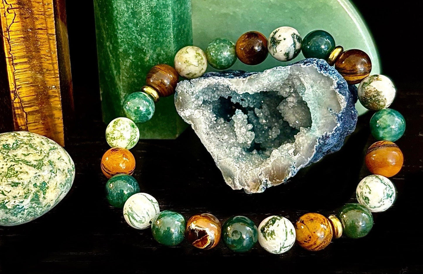 Moss Agate & Tiger Eye Gemstone Bracelet – 8mm Beads for Strength, Healing & Protection