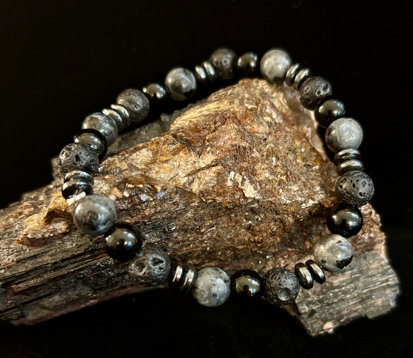 Mystic Warrior Bracelet – Labradorite, Black Onyx & Lava Rock with Black Metal Spacers (Fits Large Wrists)