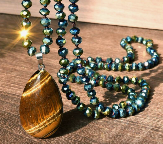 Tiger Eye Pendant Crystal Bead Necklace – Handmade & Bold