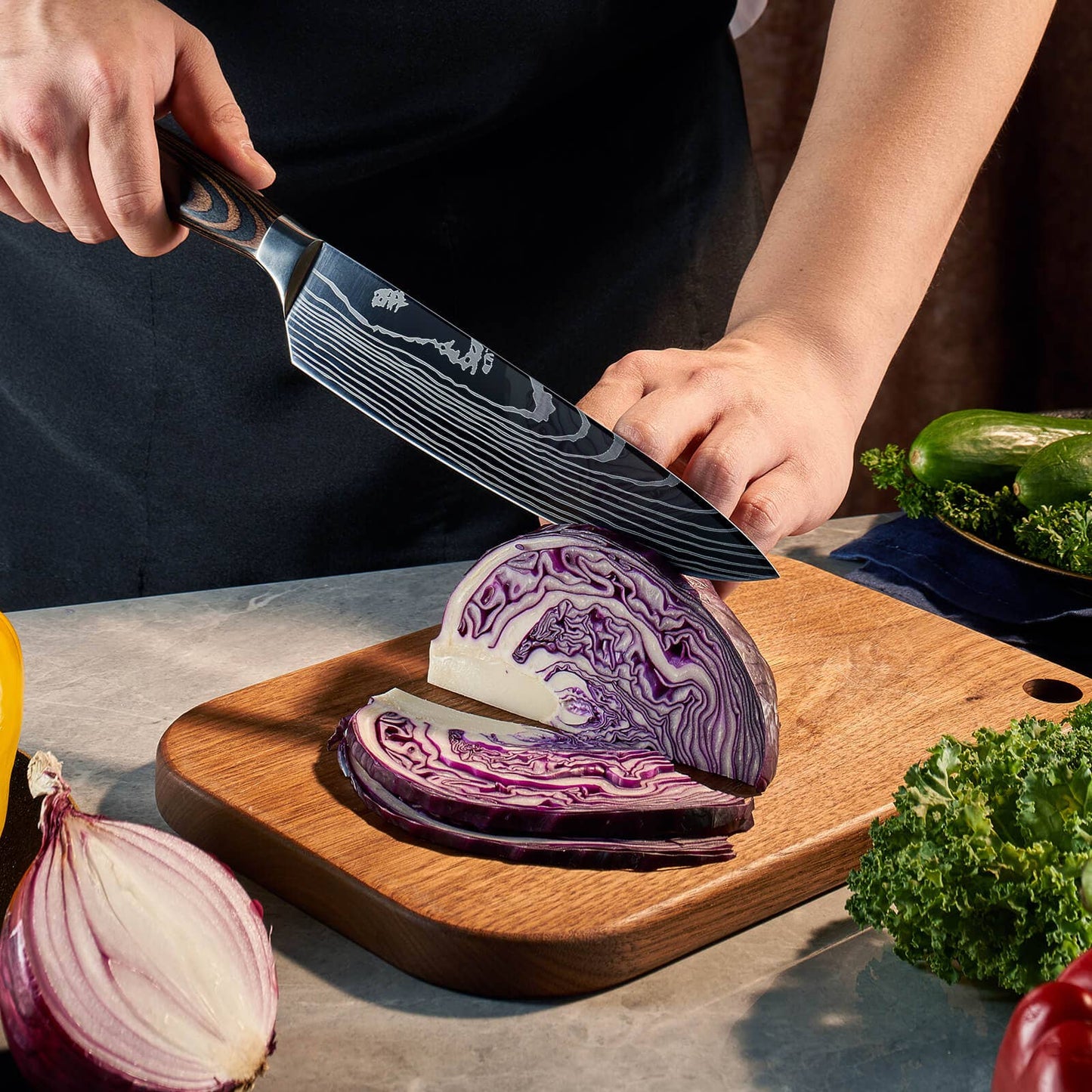 8-Piece Japanese Kitchen Knife Set with Damascus Pattern