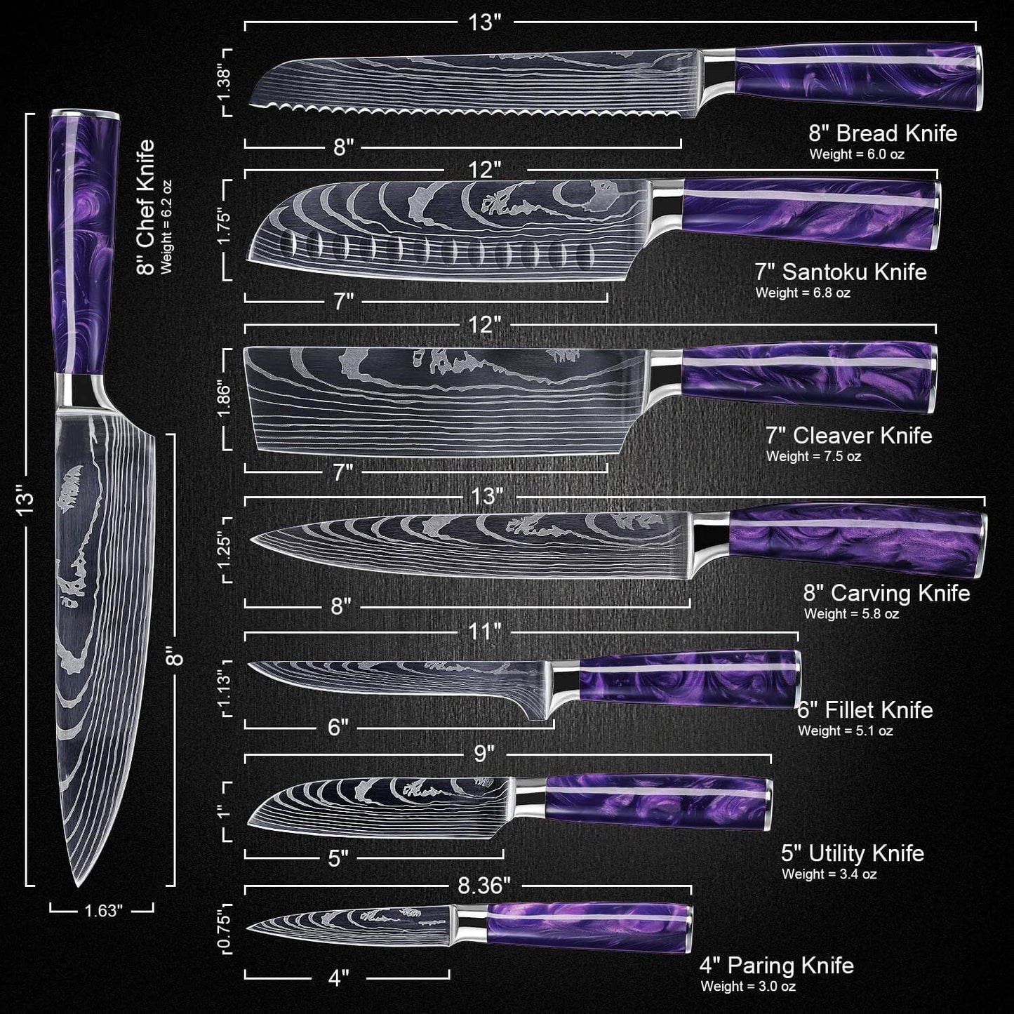 8-Piece Japanese Kitchen Knife Set with Purple Resin Handle