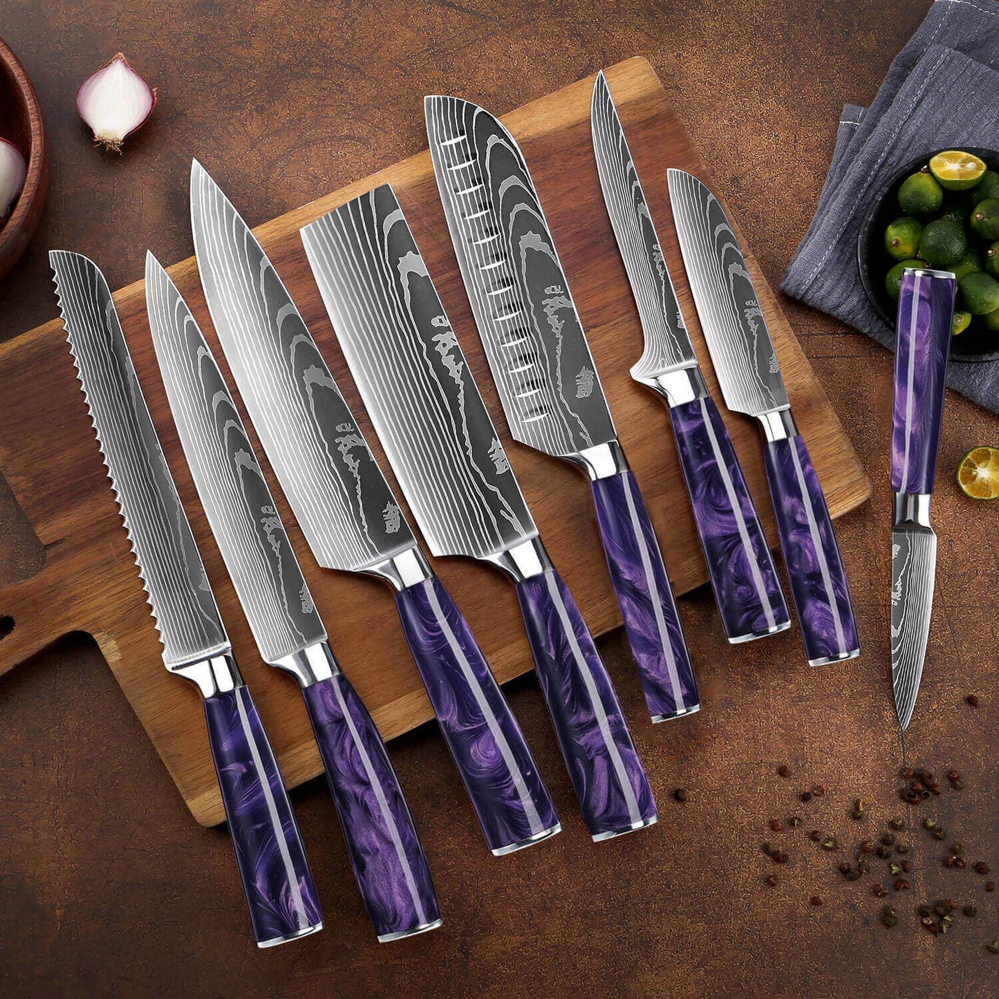 8-Piece Japanese Kitchen Knife Set with Purple Resin Handle