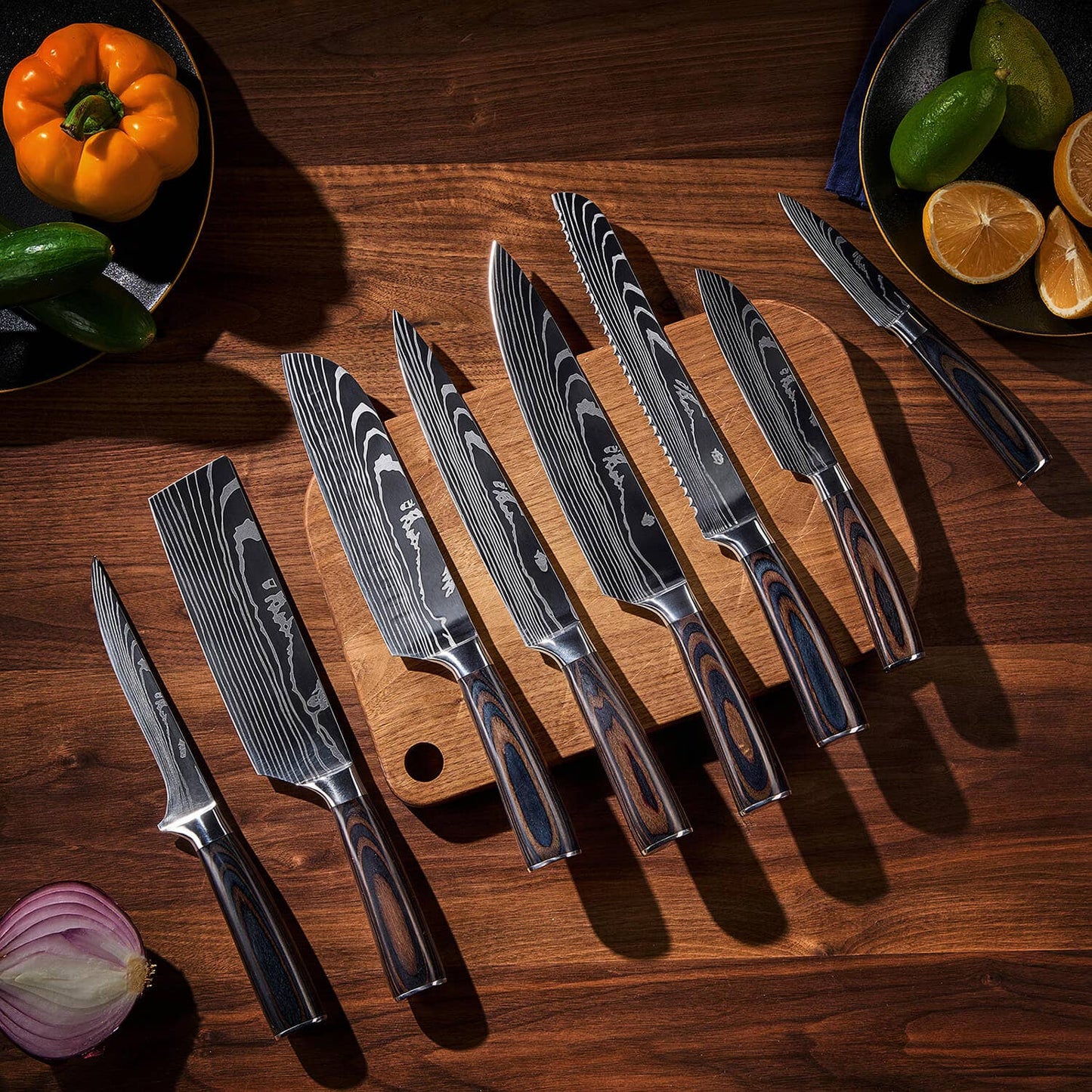 8-Piece Japanese Kitchen Knife Set with Damascus Pattern