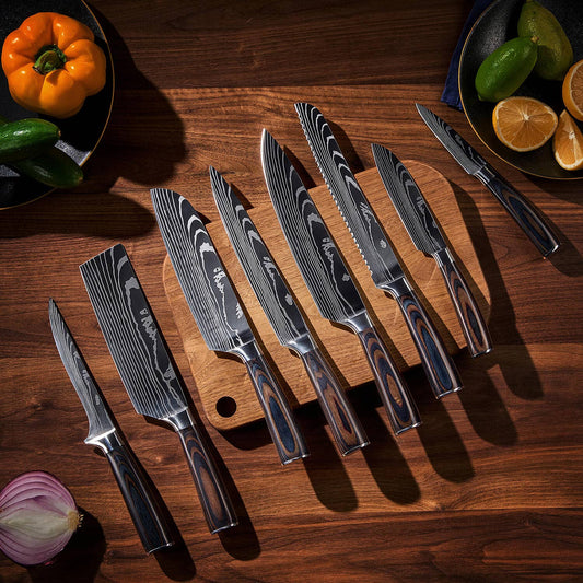 8-Piece Japanese Kitchen Knife Set with Damascus Pattern