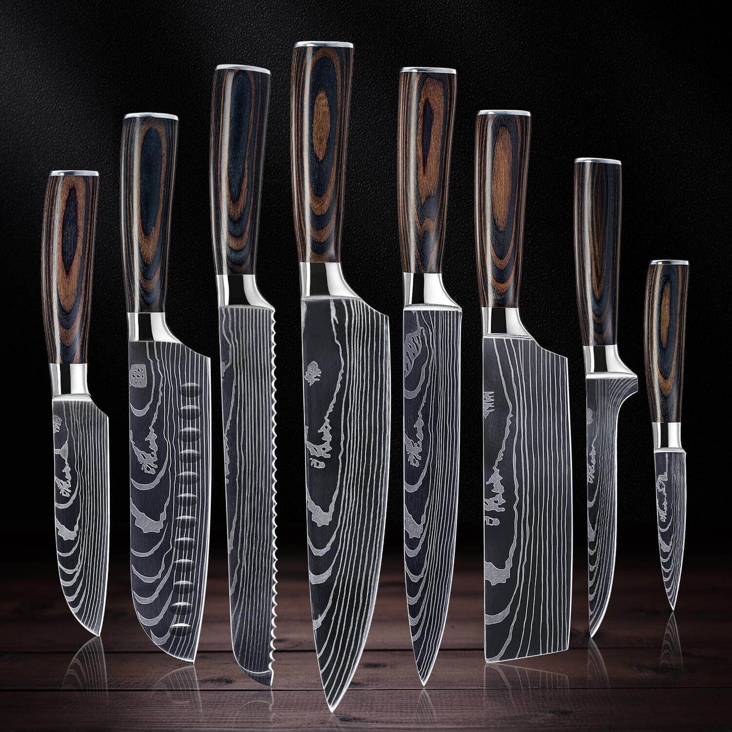 8-Piece Japanese Kitchen Knife Set with Damascus Pattern