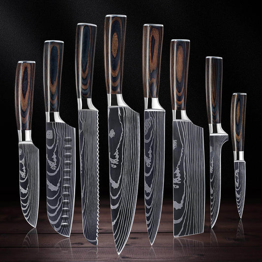 8-Piece Japanese Kitchen Knife Set with Damascus Pattern