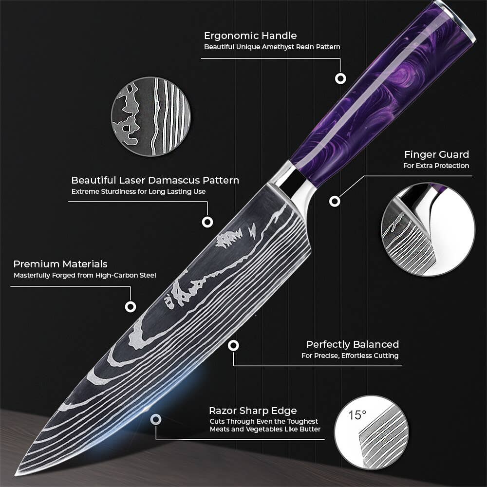 8-Piece Japanese Kitchen Knife Set with Purple Resin Handle