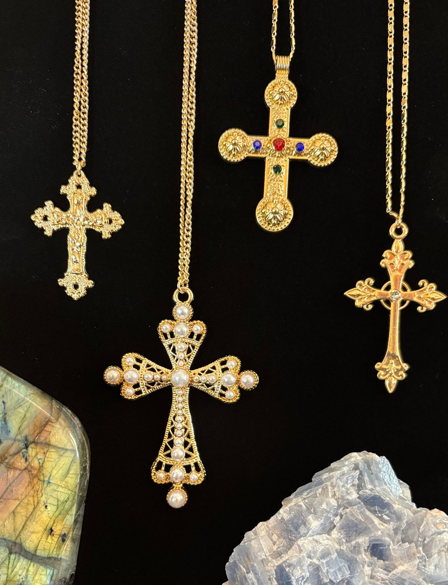 Fierce Faith Vibes: 4-Piece Gold Cross Costume Necklace Set