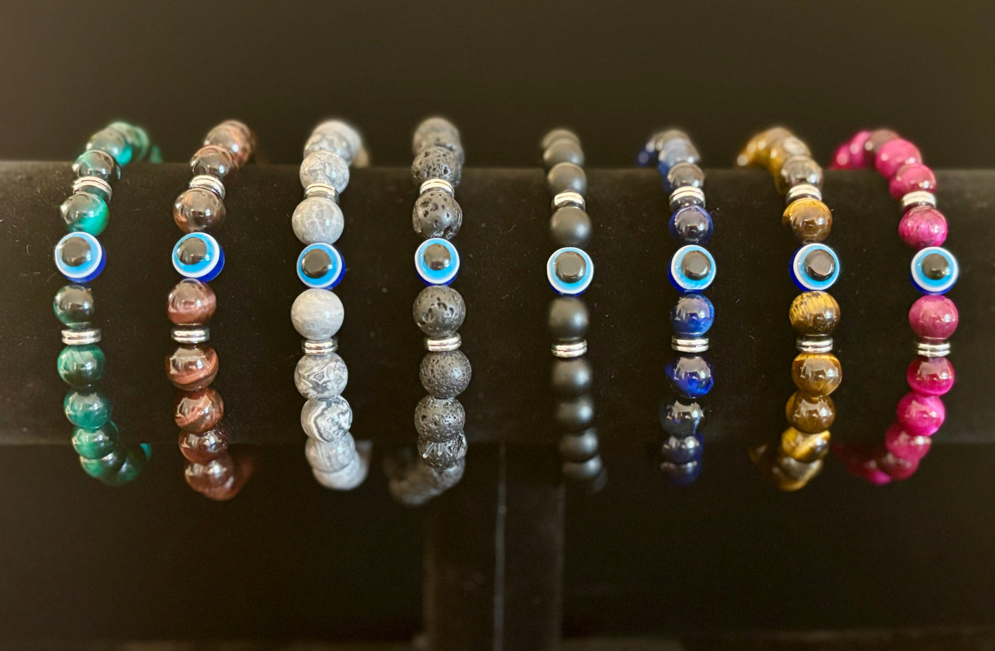 Evil Eye Tiger Eye Style Beaded Bracelet – Handmade Natural Stone Protection