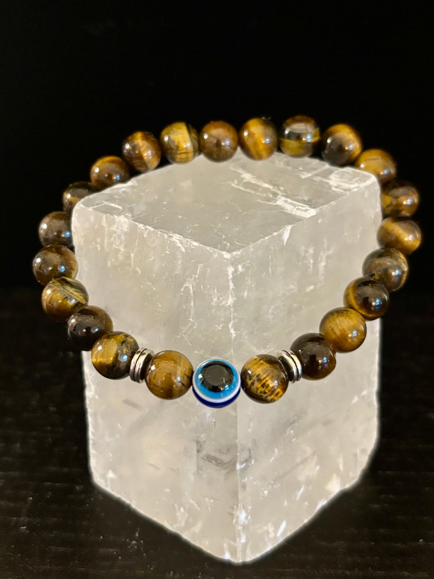 Evil Eye Tiger Eye Style Beaded Bracelet – Handmade Natural Stone Protection