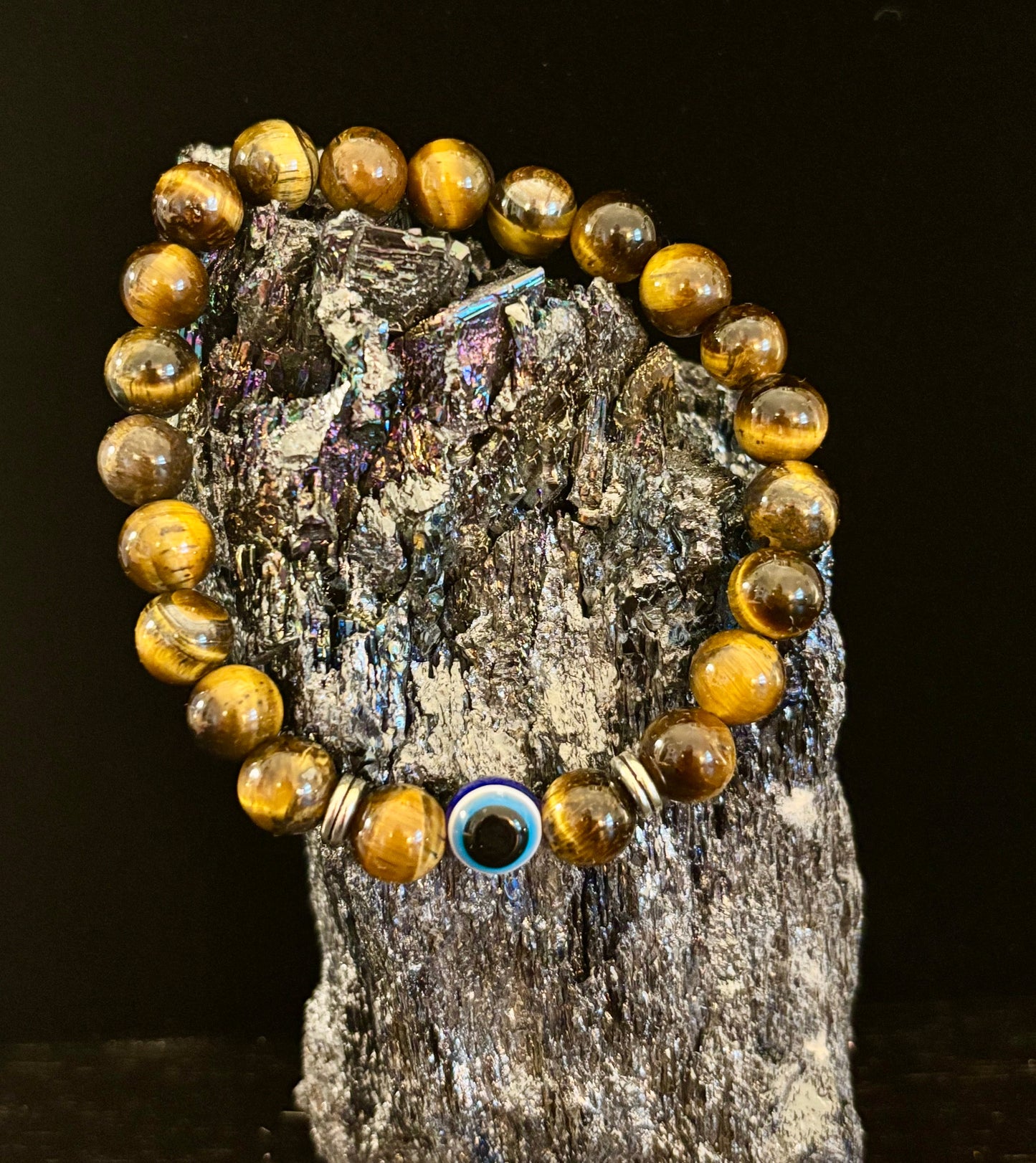 Evil Eye Tiger Eye Style Beaded Bracelet – Handmade Natural Stone Protection