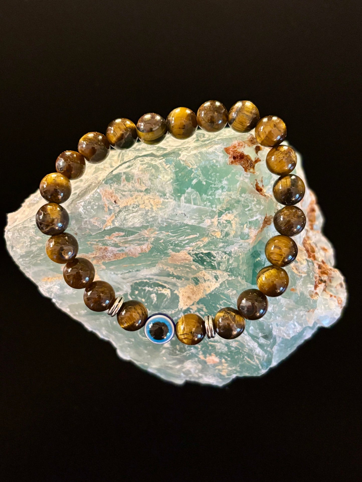 Evil Eye Tiger Eye Style Beaded Bracelet – Handmade Natural Stone Protection