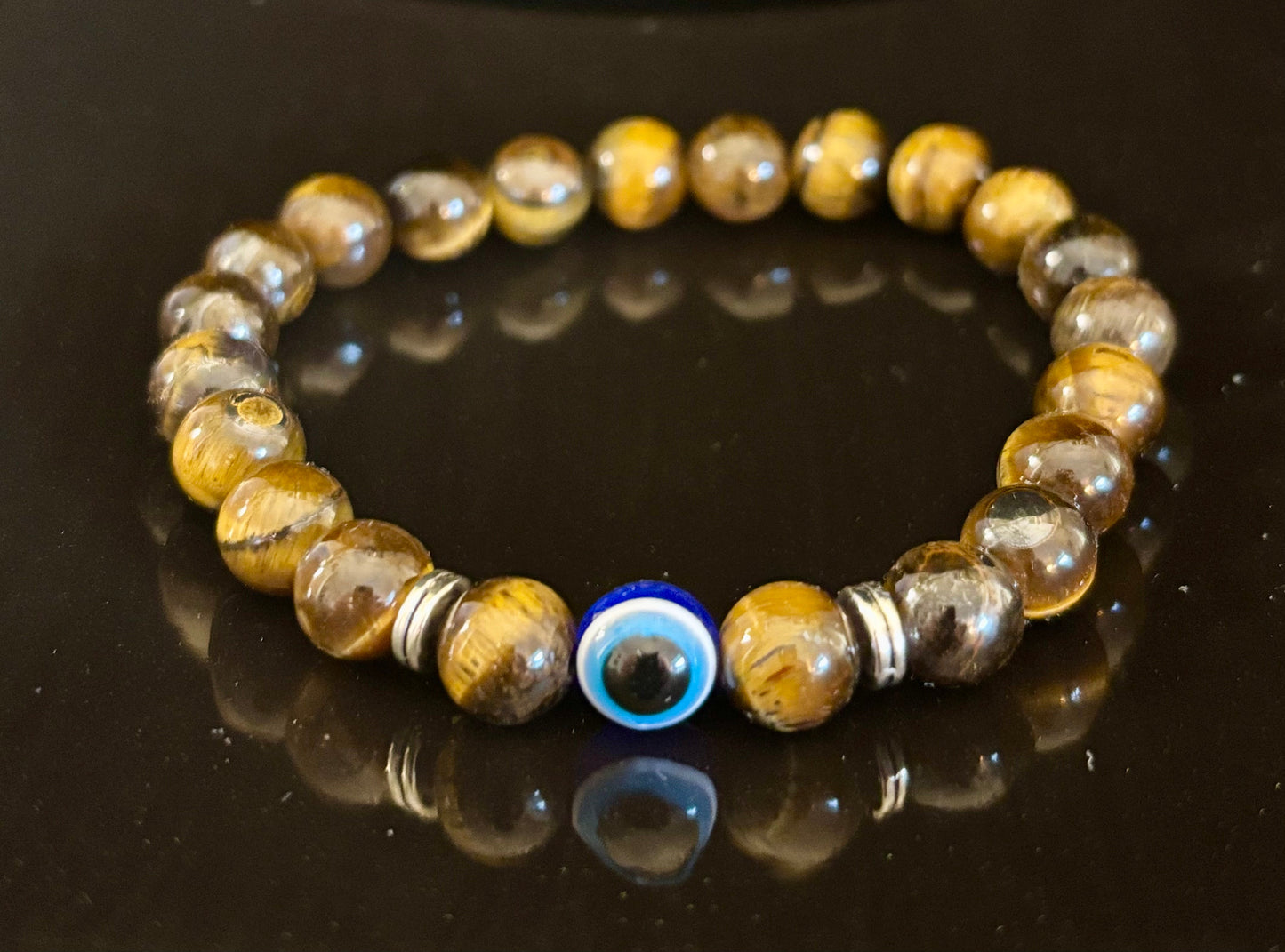 Evil Eye Tiger Eye Style Beaded Bracelet – Handmade Natural Stone Protection