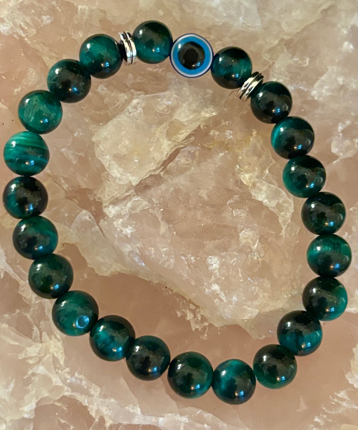 Evil Eye Tiger Eye Style Beaded Bracelet – Handmade Natural Stone Protection