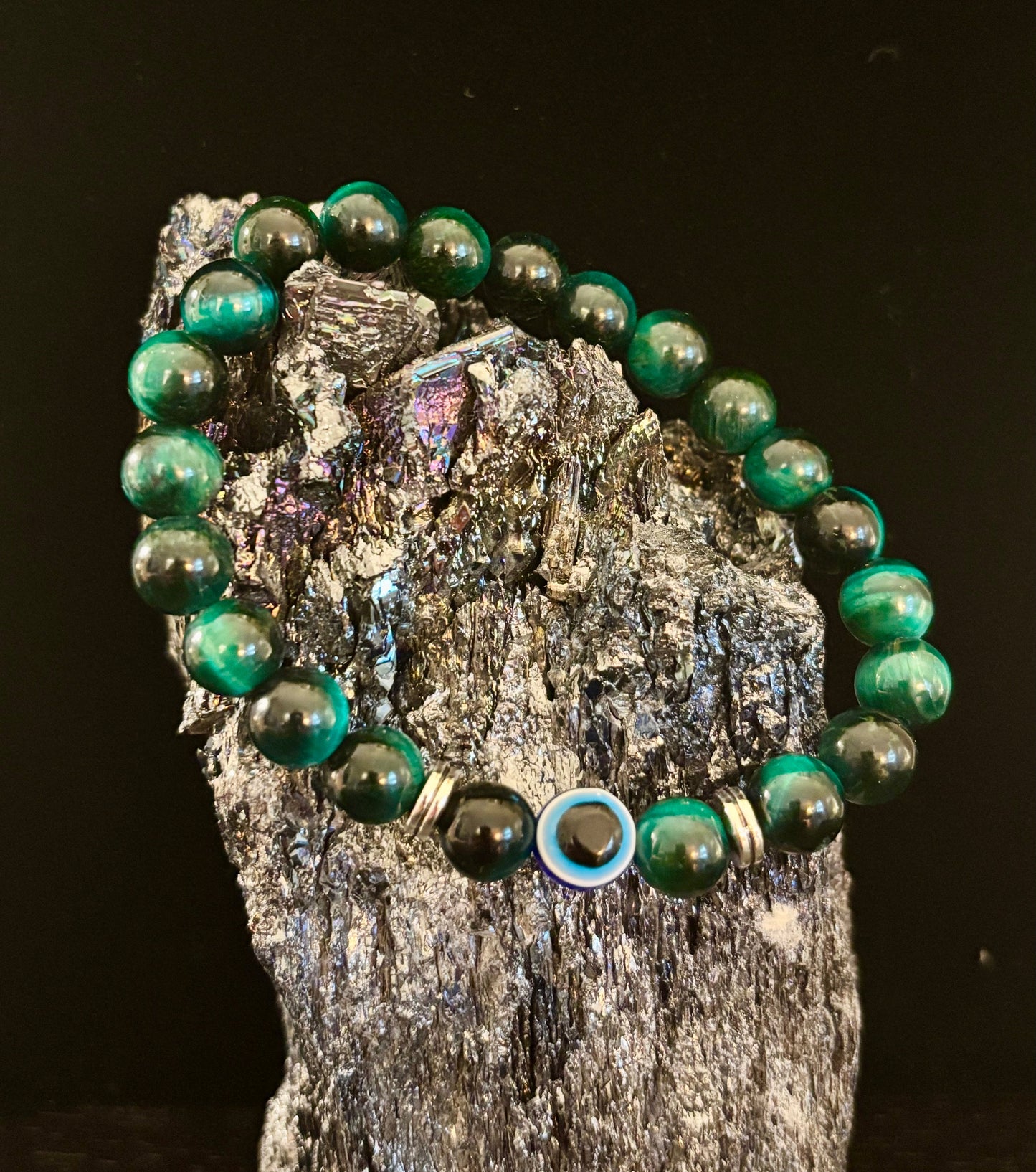 Evil Eye Tiger Eye Style Beaded Bracelet – Handmade Natural Stone Protection