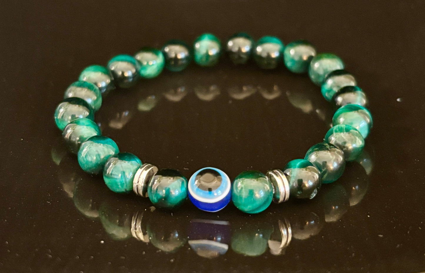 Evil Eye Tiger Eye Style Beaded Bracelet – Handmade Natural Stone Protection