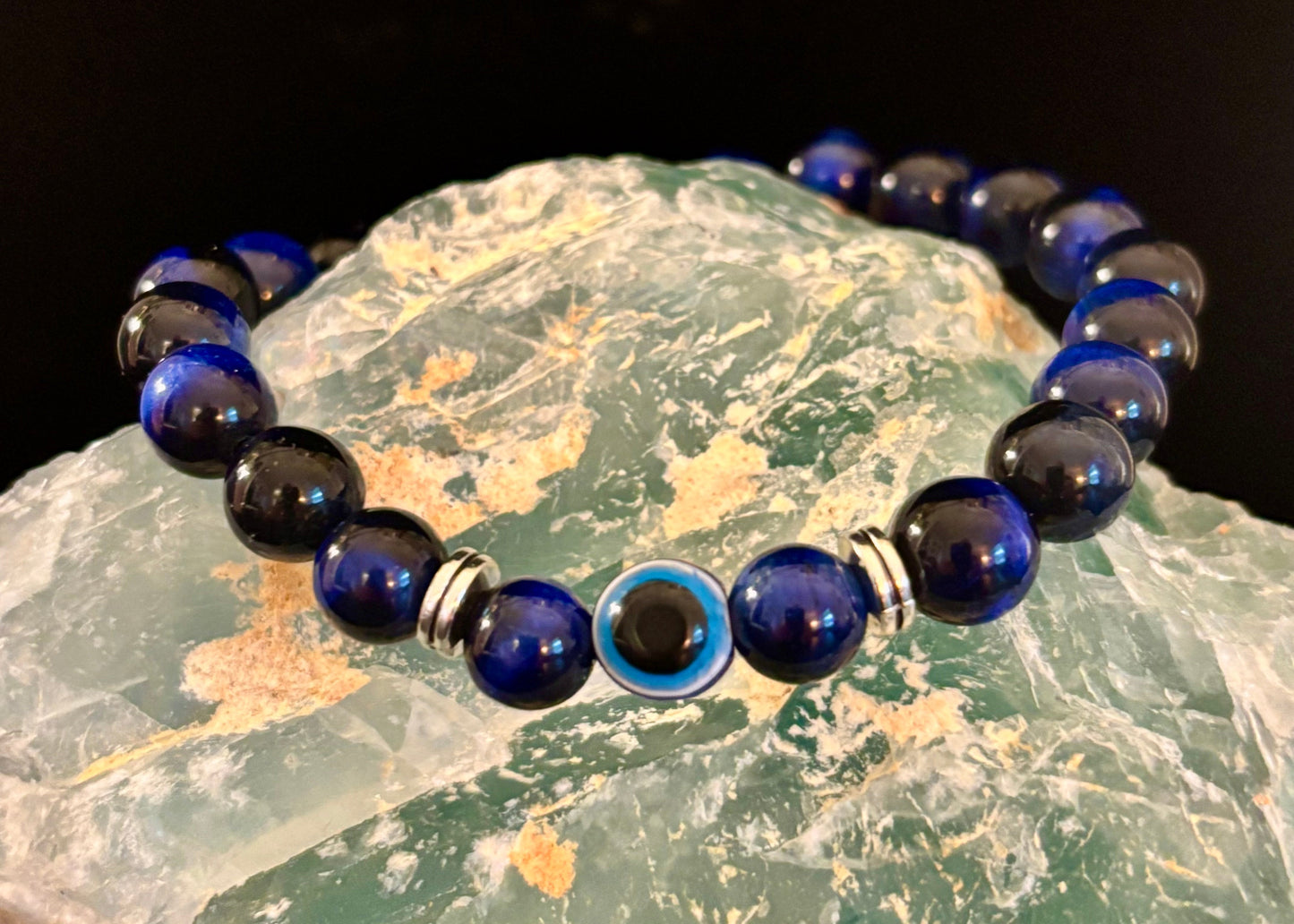 Evil Eye Tiger Eye Style Beaded Bracelet – Handmade Natural Stone Protection