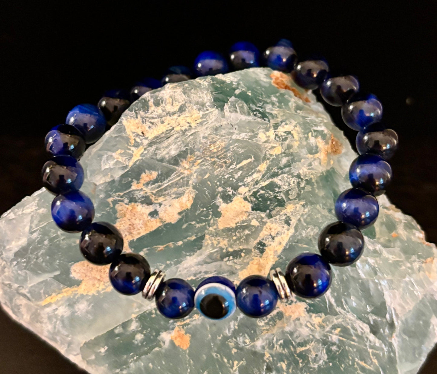 Evil Eye Tiger Eye Style Beaded Bracelet – Handmade Natural Stone Protection