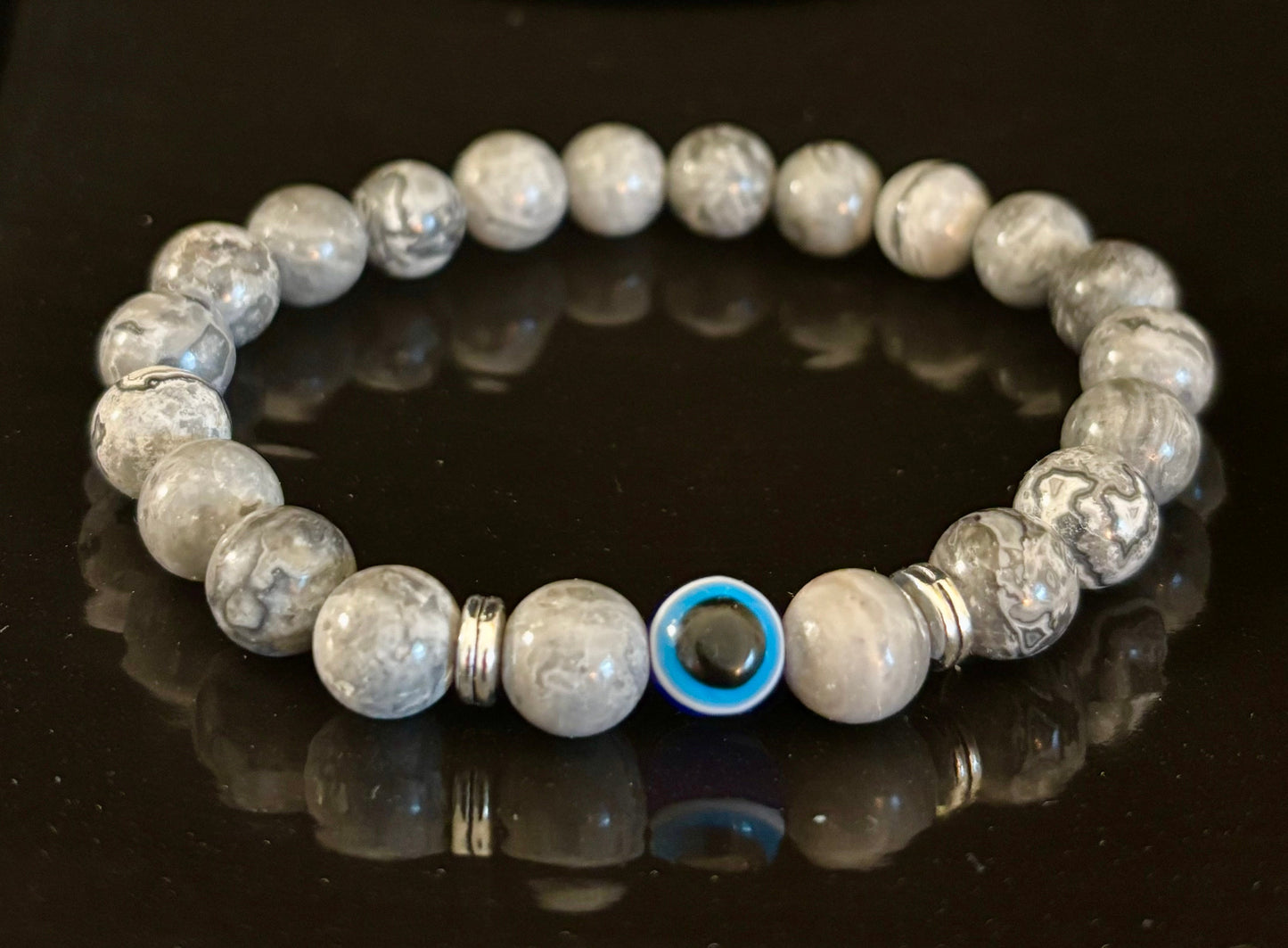 Evil Eye Tiger Eye Style Beaded Bracelet – Handmade Natural Stone Protection