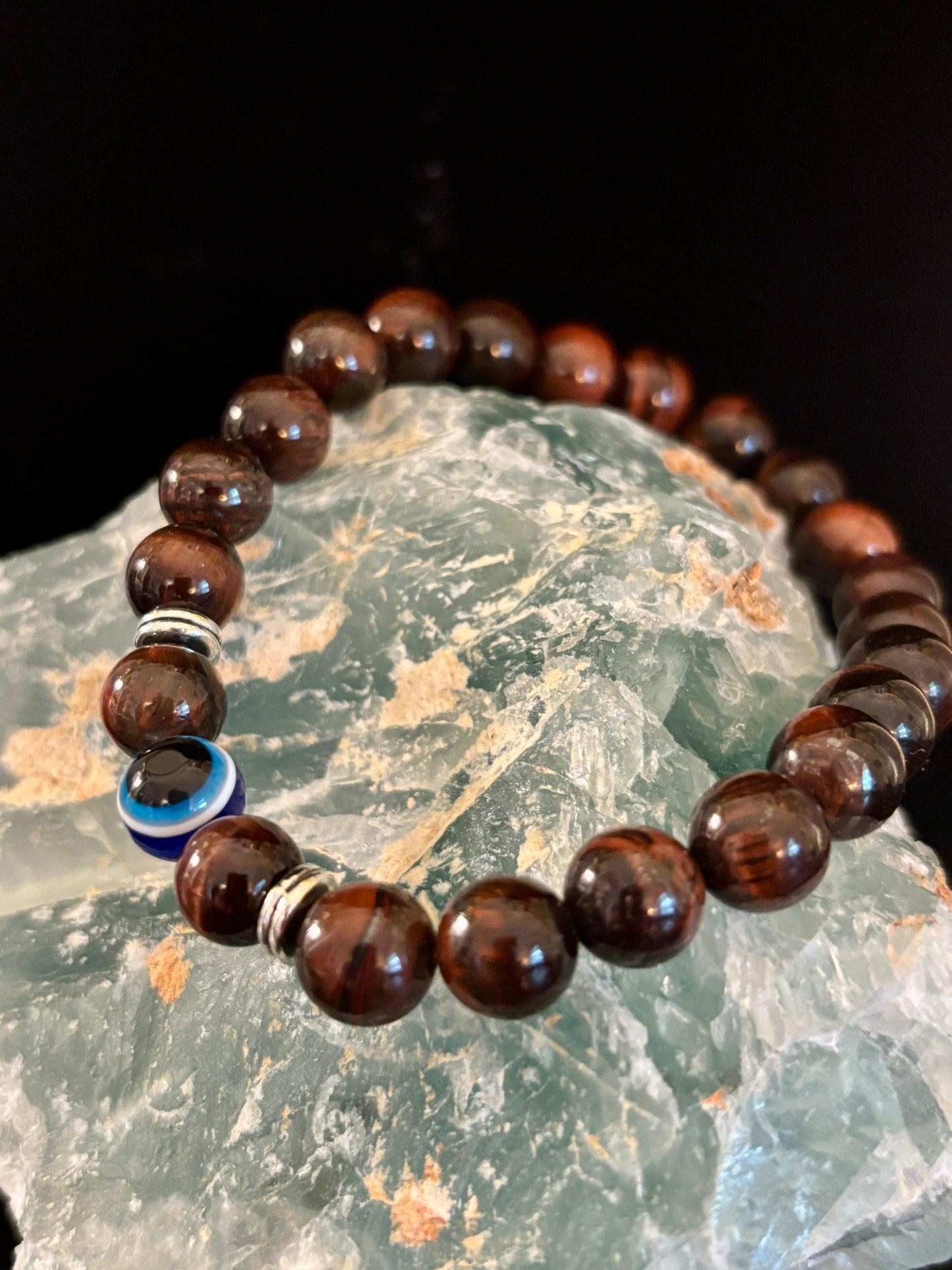 Evil Eye Tiger Eye Style Beaded Bracelet – Handmade Natural Stone Protection