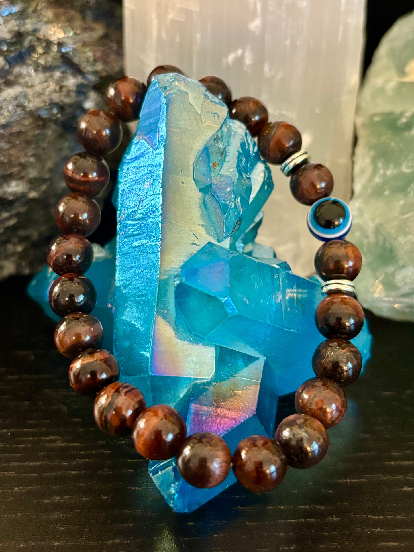 Evil Eye Tiger Eye Style Beaded Bracelet – Handmade Natural Stone Protection