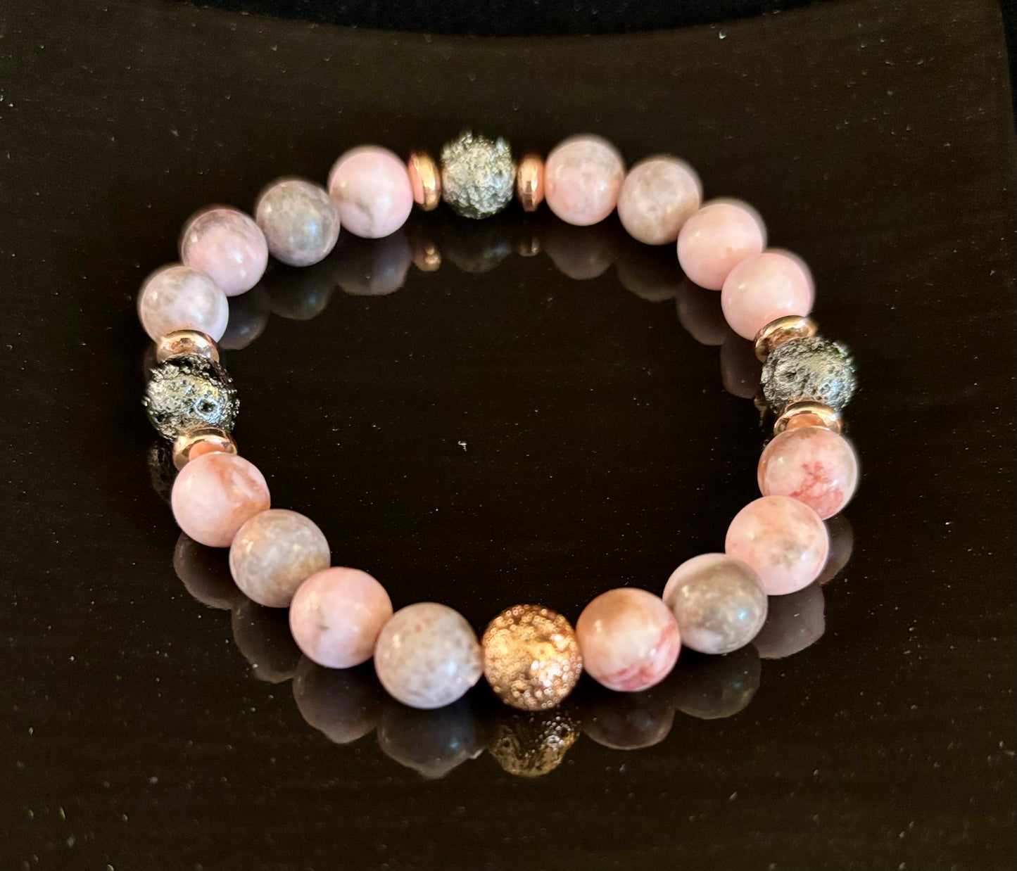 Pink Zebra Jasper & Rose Gold Toned Lava Stone Bracelet