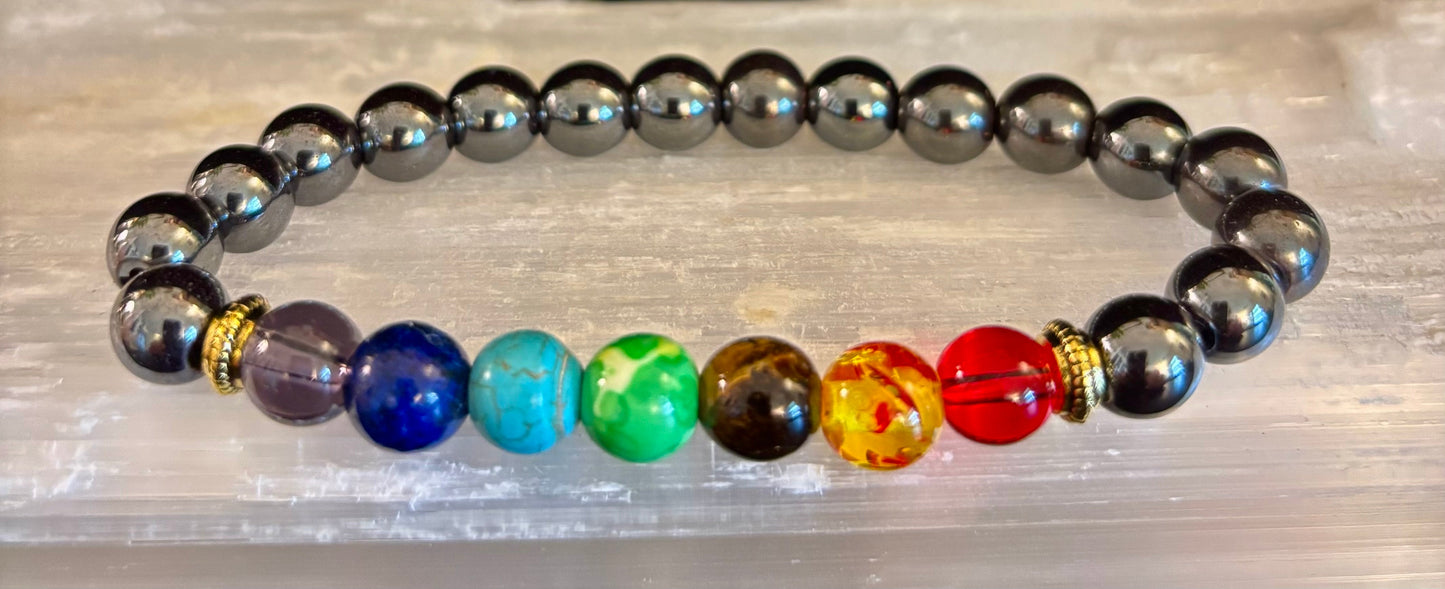 Chakra Healing Beads Bracelet with Hematite - Grounding, Protection & Balance