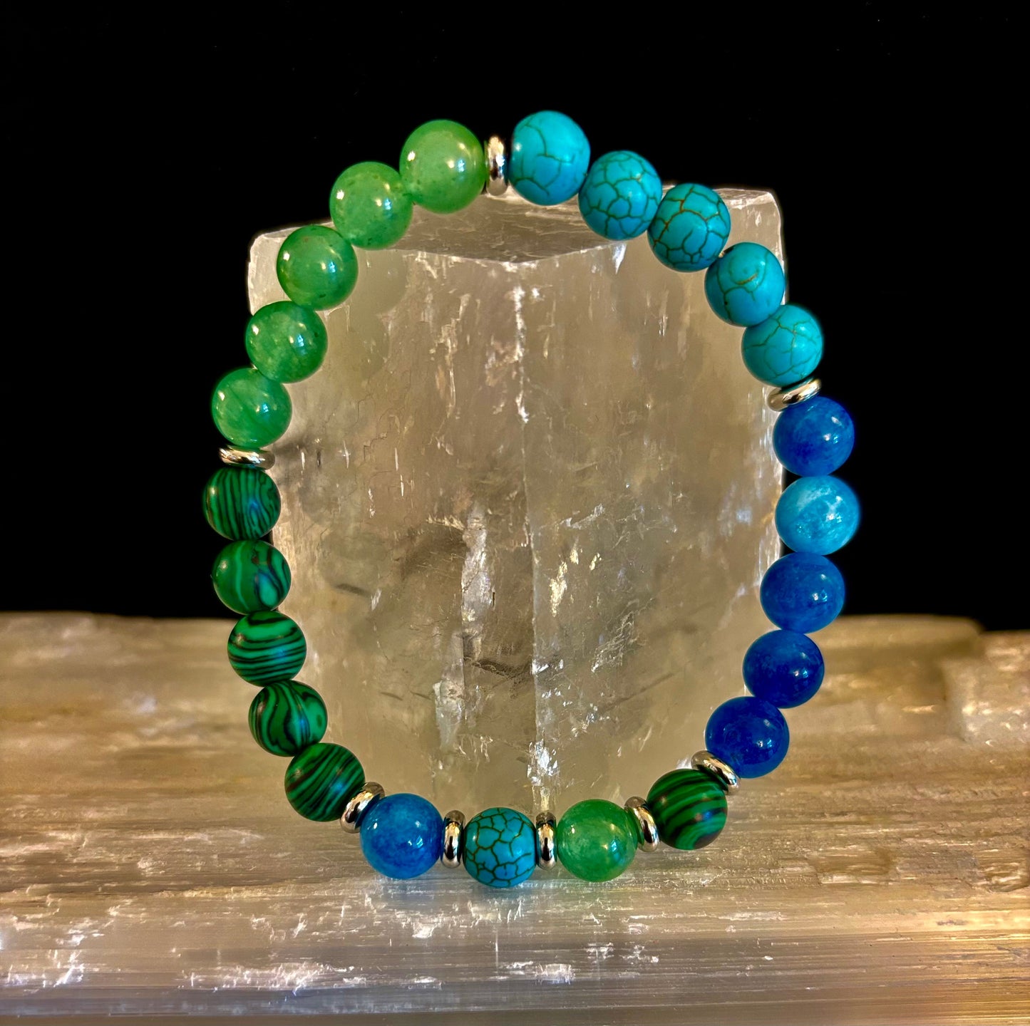Anxiety Relief Bracelet – Calming Malachite, Amazonite, Turquoise, and Aquamarine (For Large Wrists)