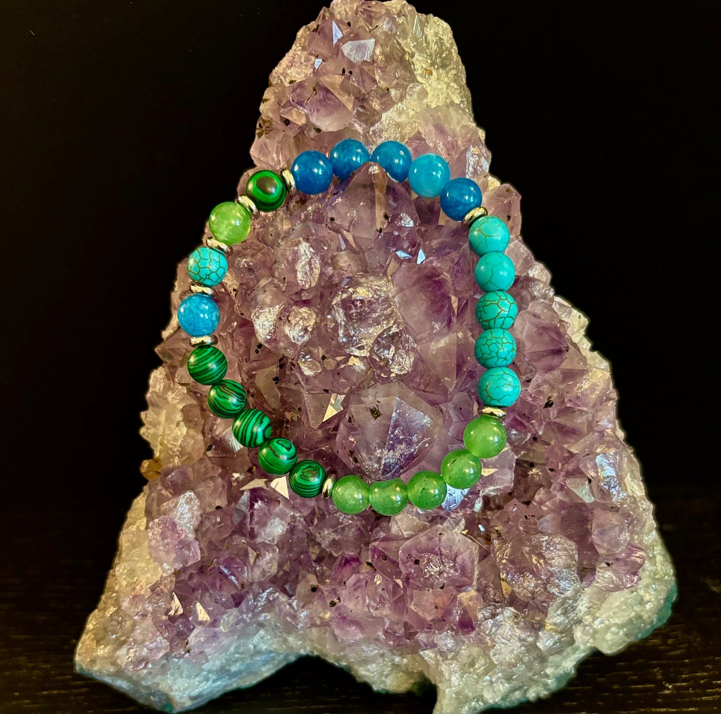 Anxiety Relief Bracelet – Calming Malachite, Amazonite, Turquoise, and Aquamarine (For Large Wrists)