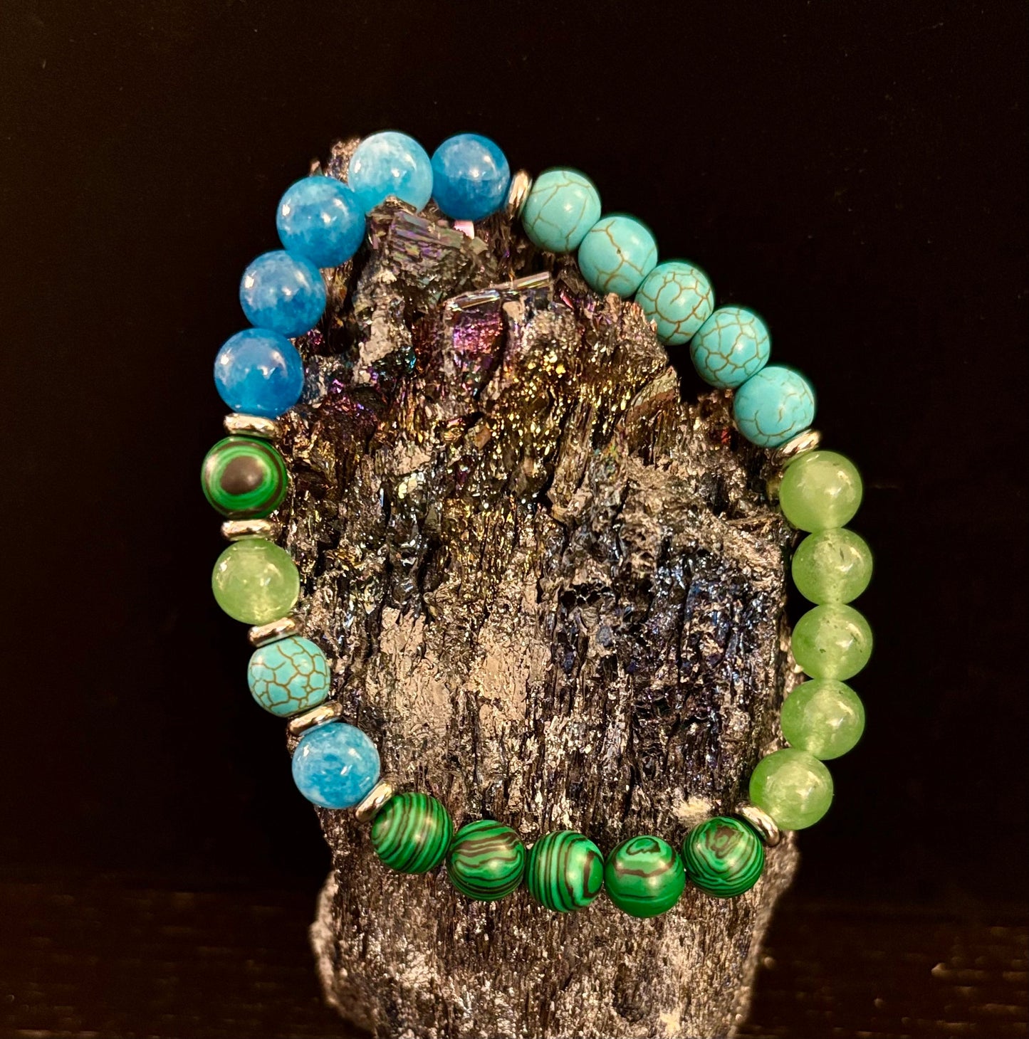 Anxiety Relief Bracelet – Calming Malachite, Amazonite, Turquoise, and Aquamarine (For Large Wrists)