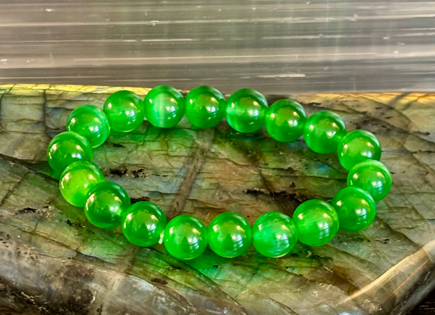 Green Cat Eye Stone Crystal Beaded Bracelet