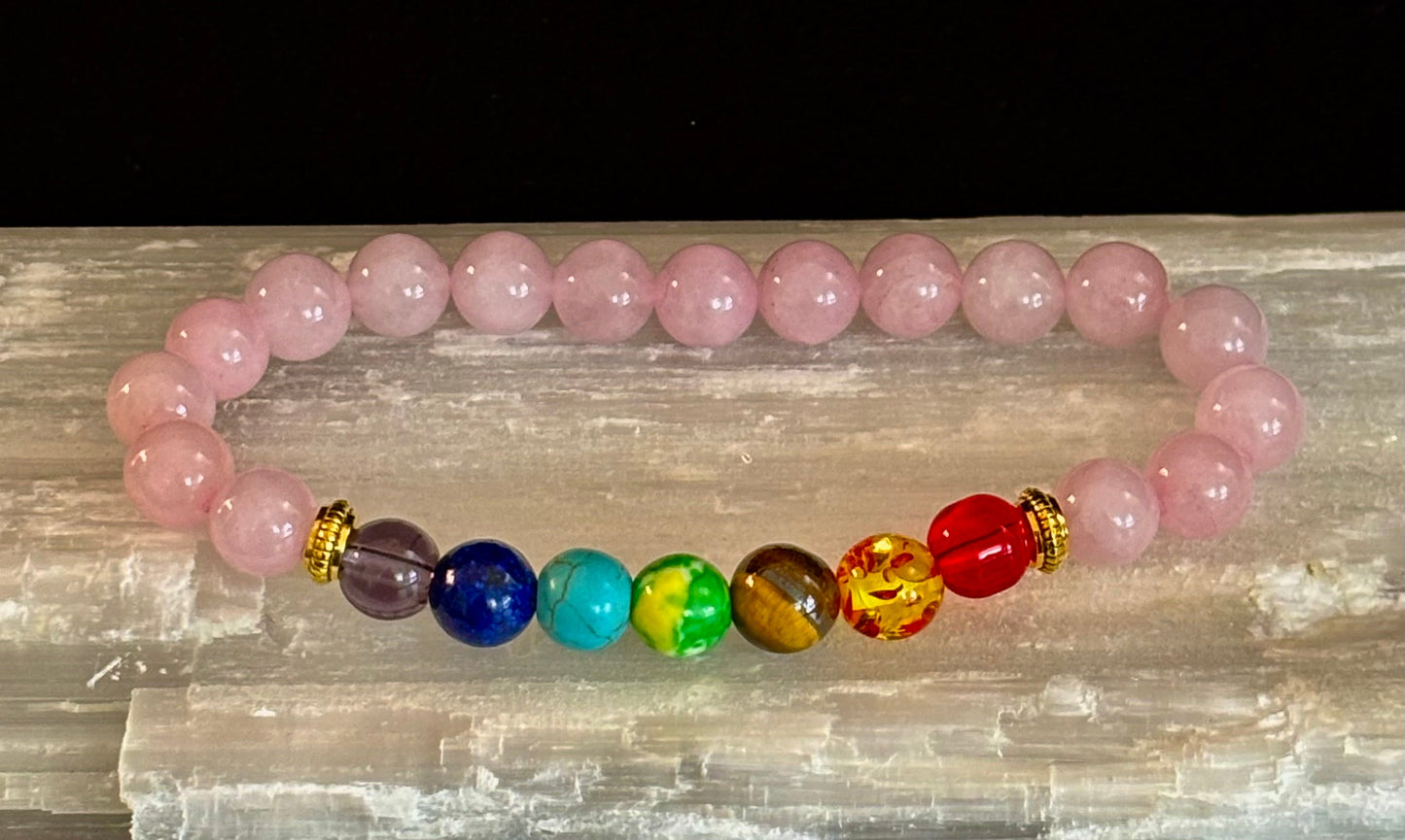 Chakra and Rose Quartz Bracelet - Promote love, healing, and emotional clarity