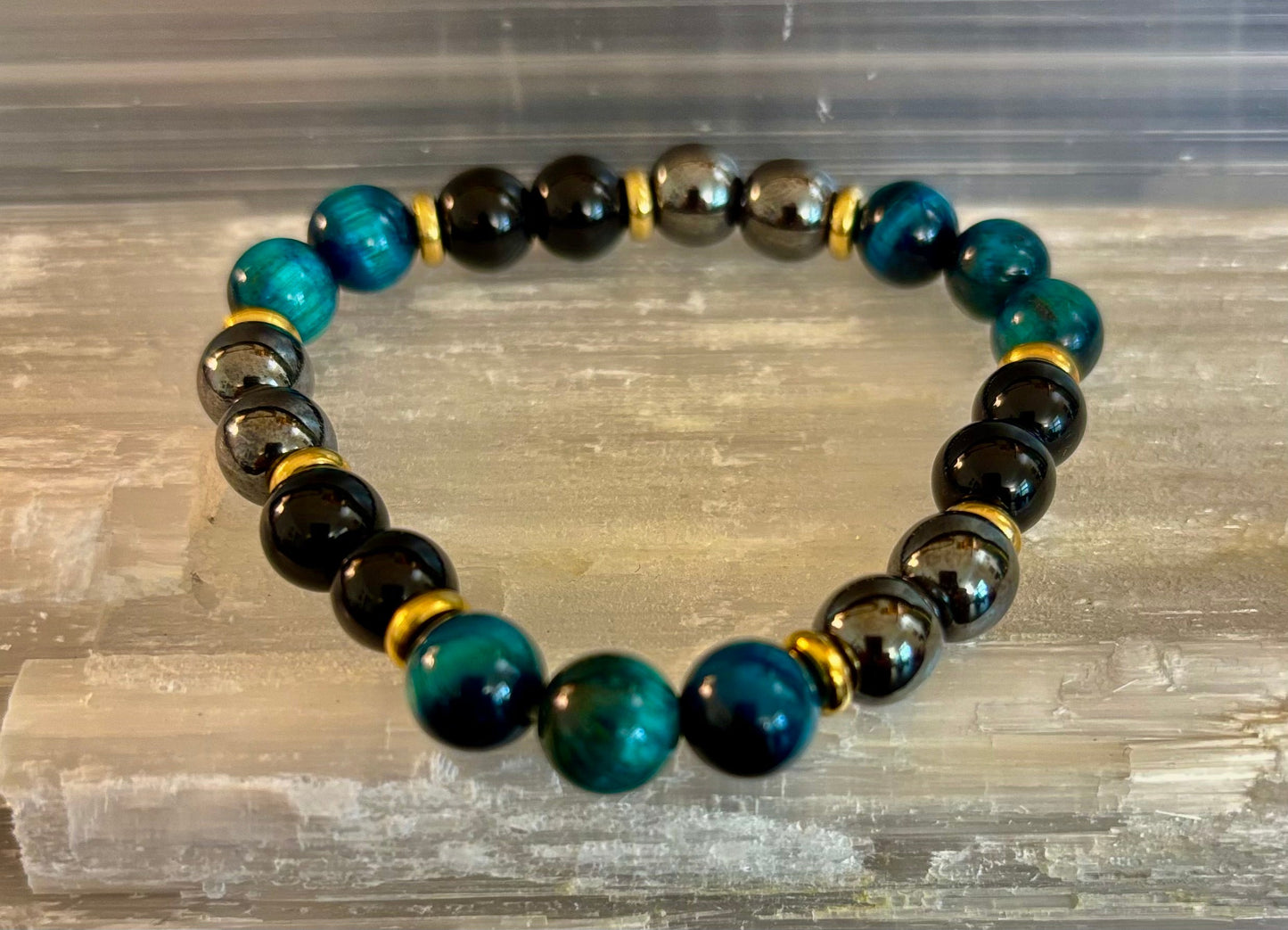 Blue Tiger Eye, Hematite & Onyx Healing Bracelet – Anxiety Relief & Confidence Boost