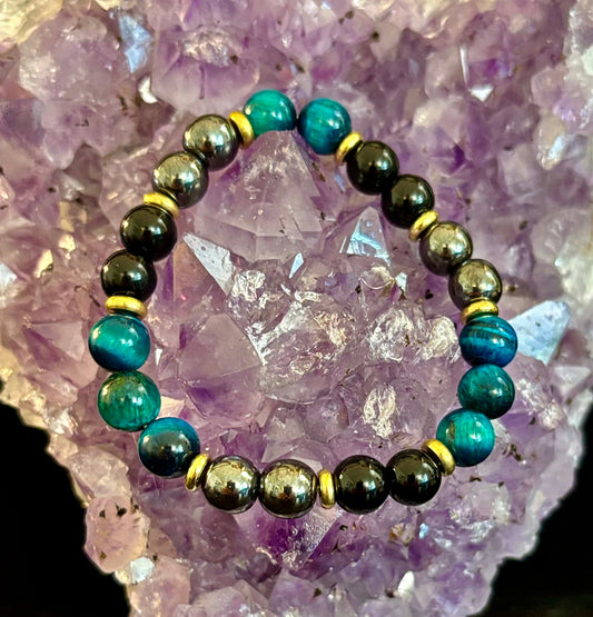 Blue Tiger Eye, Hematite & Onyx Healing Bracelet – Anxiety Relief & Confidence Boost