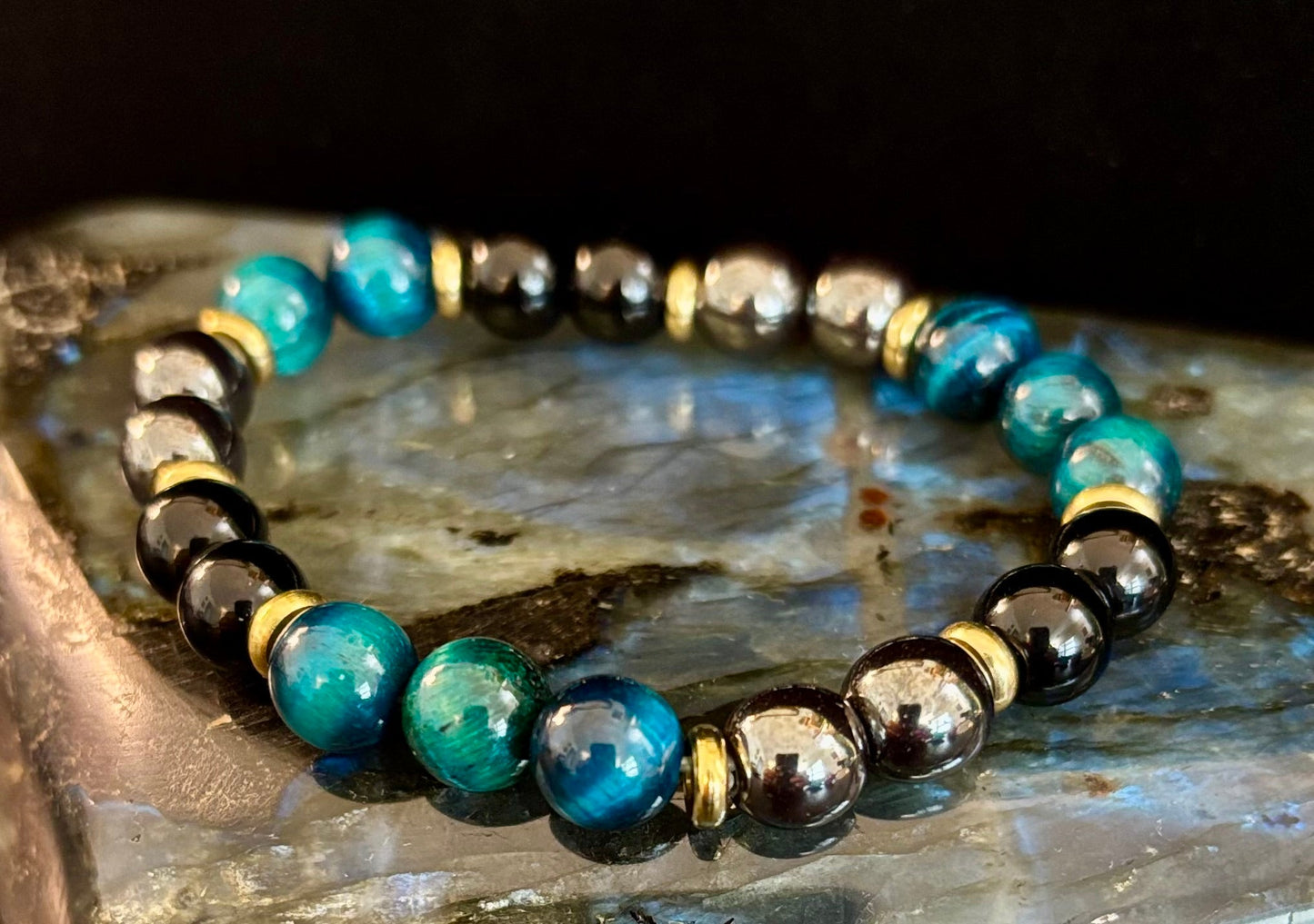 Blue Tiger Eye, Hematite & Onyx Healing Bracelet – Anxiety Relief & Confidence Boost