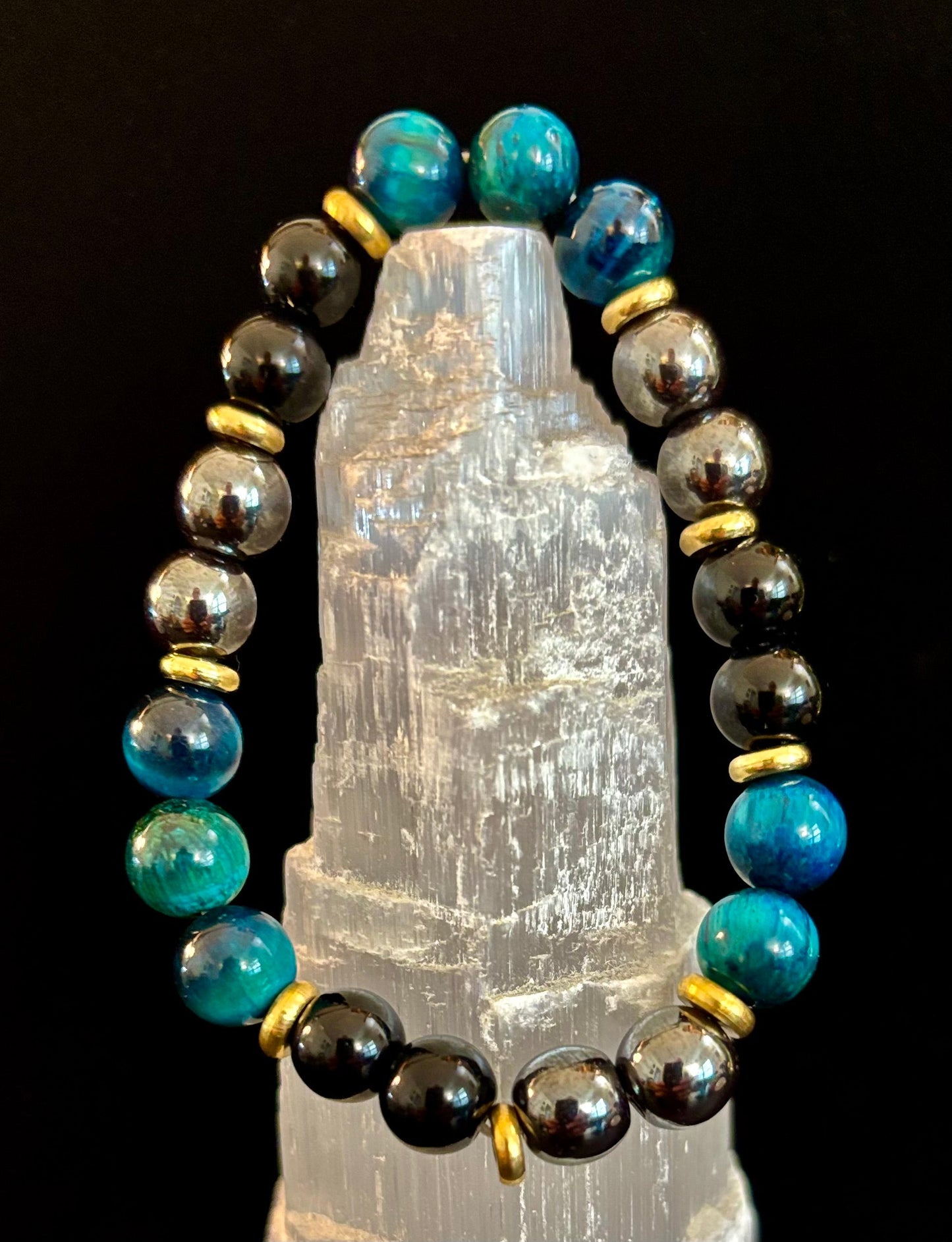 Blue Tiger Eye, Hematite & Onyx Healing Bracelet – Anxiety Relief & Confidence Boost