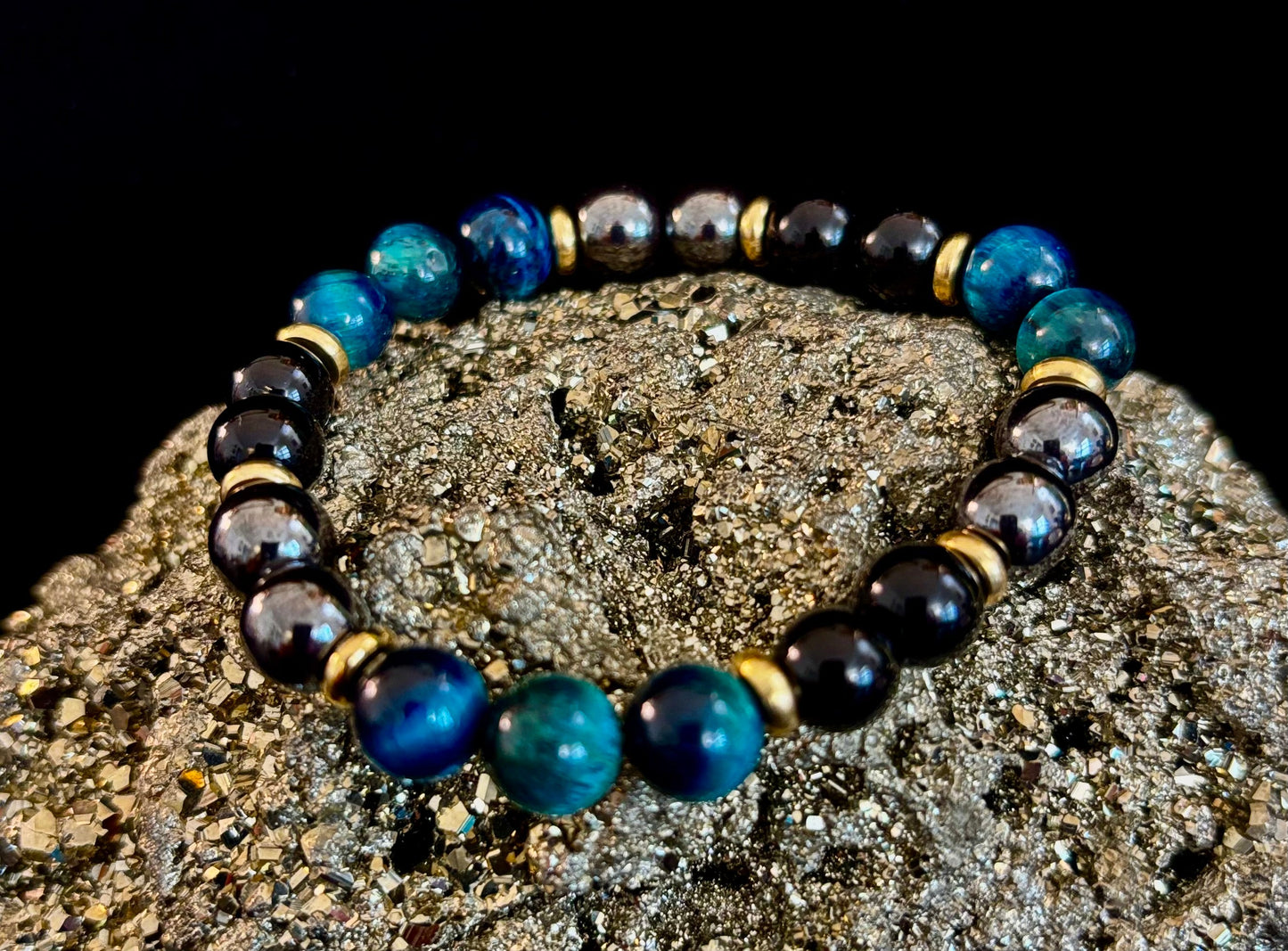 Blue Tiger Eye, Hematite & Onyx Healing Bracelet – Anxiety Relief & Confidence Boost