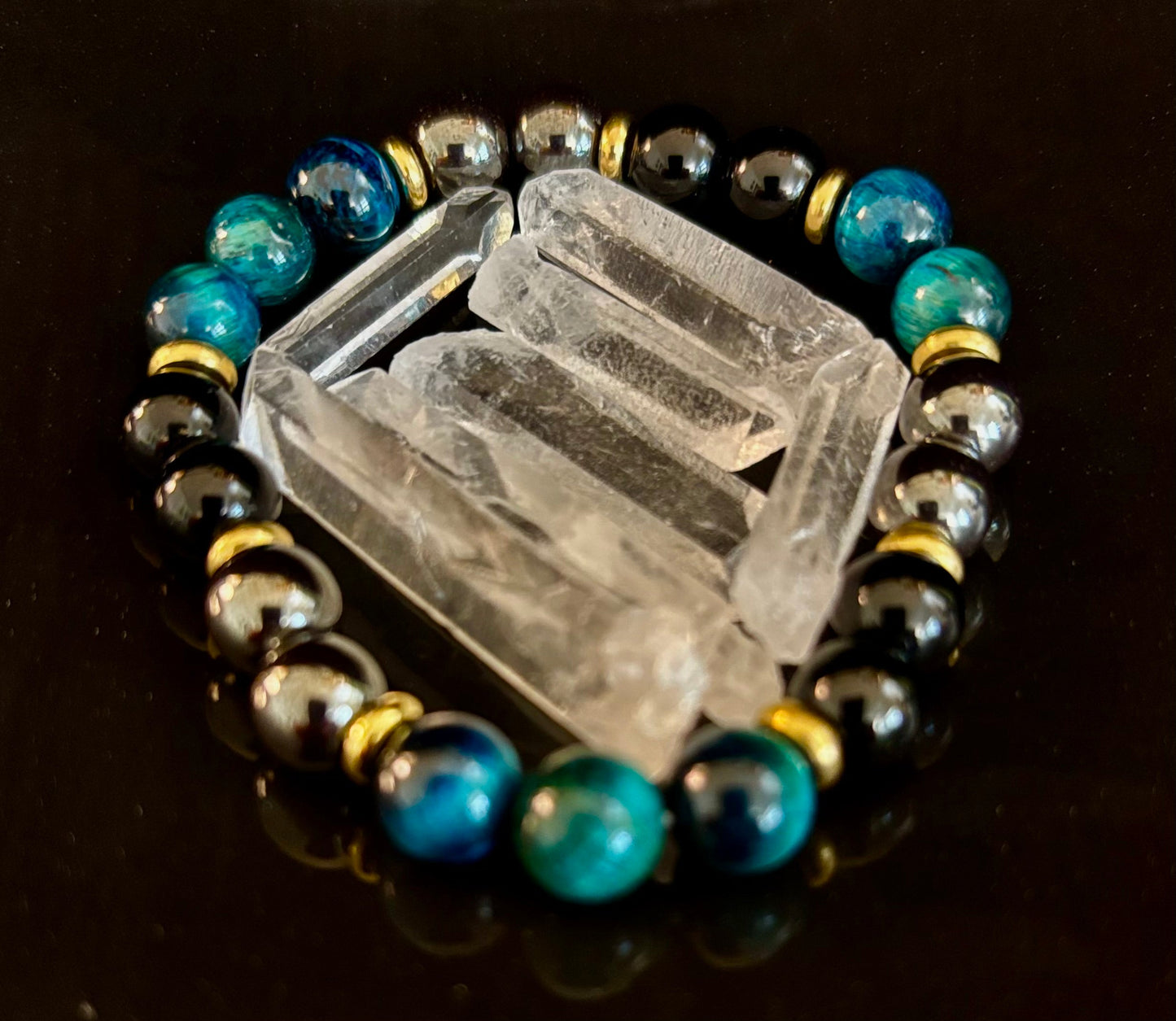 Blue Tiger Eye, Hematite & Onyx Healing Bracelet – Anxiety Relief & Confidence Boost