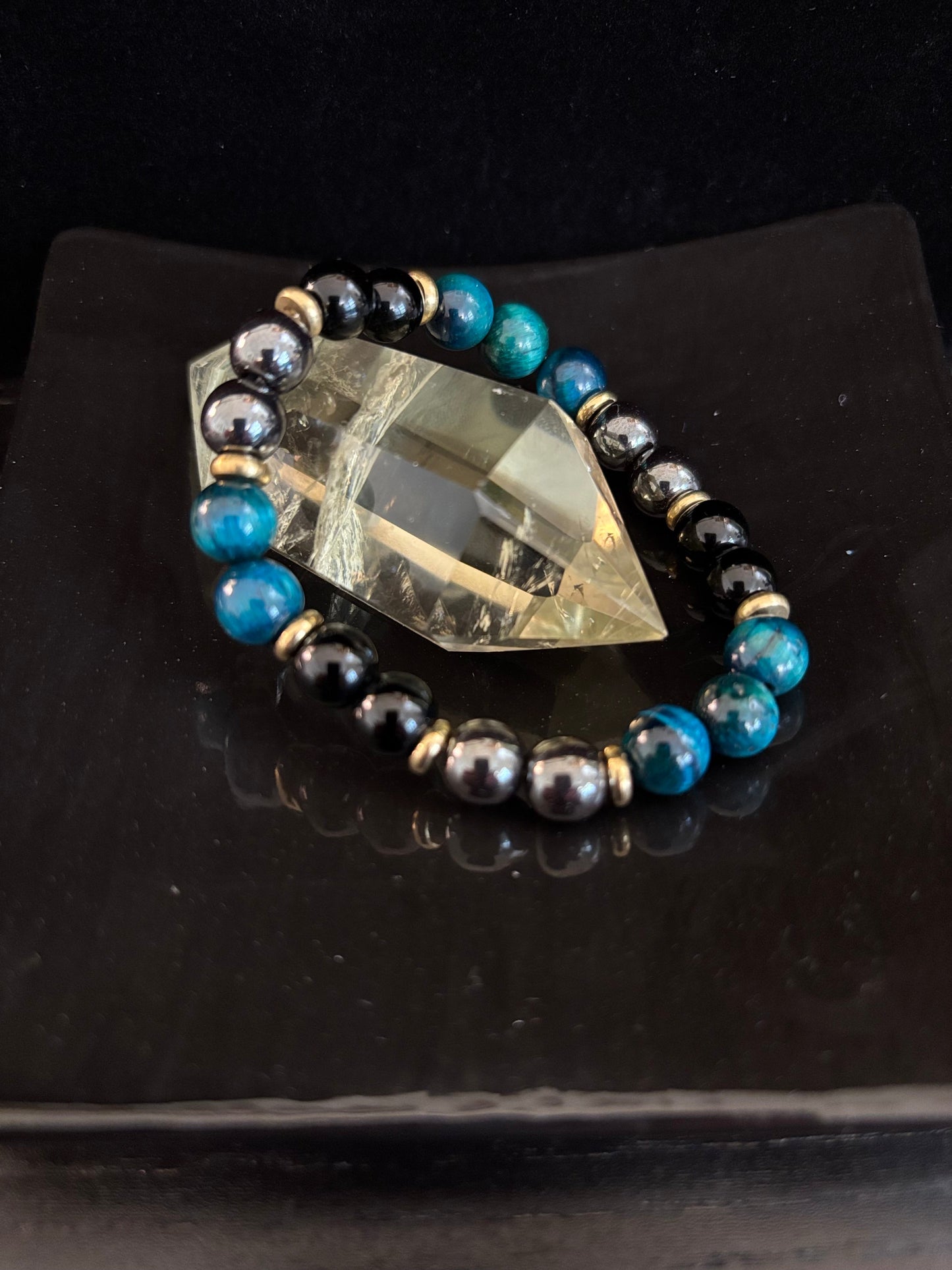 Blue Tiger Eye, Hematite & Onyx Healing Bracelet – Anxiety Relief & Confidence Boost