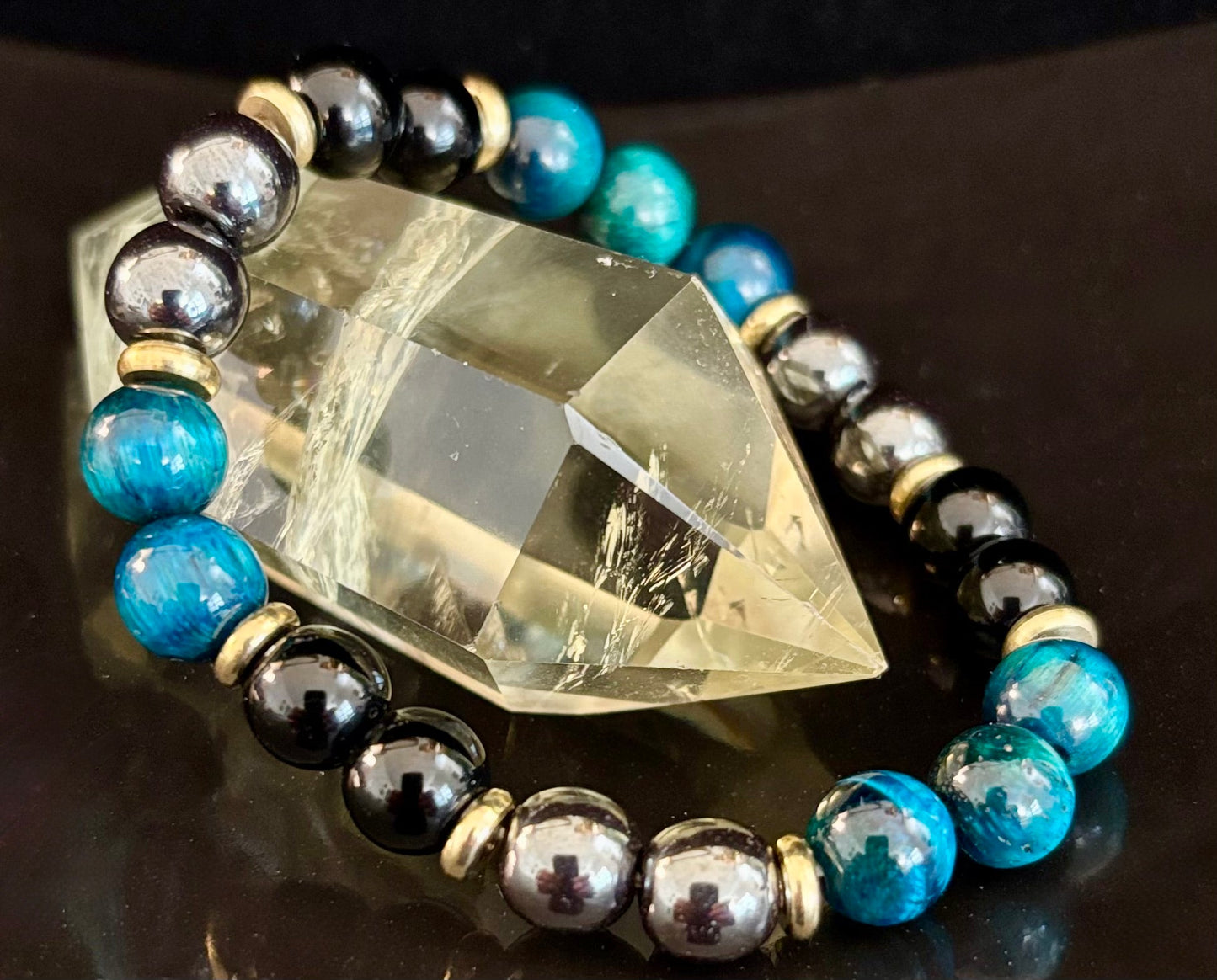 Blue Tiger Eye, Hematite & Onyx Healing Bracelet – Anxiety Relief & Confidence Boost