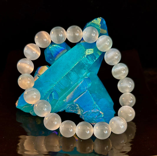 White Cat Eye Stone Bracelet – Reflective Energy Beads for Protection, Clarity & Style