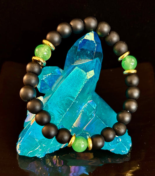 Matte Black & Green Aventurine Protection Bracelet – Natural Stone Healing Energy Jewelry