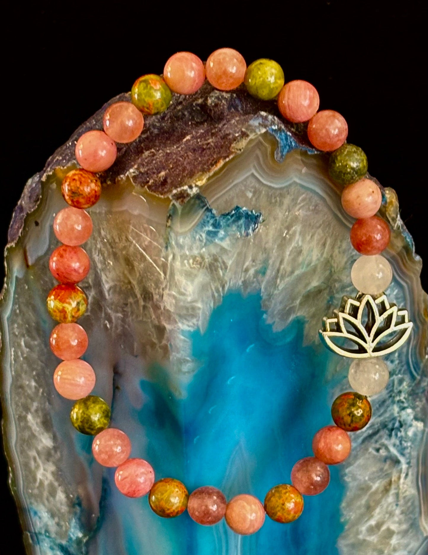 Chakra Healing Bracelet – Rose Quartz, Rhodonite & Unakite – 6mm Natural Stone Beads with Lotus Charm