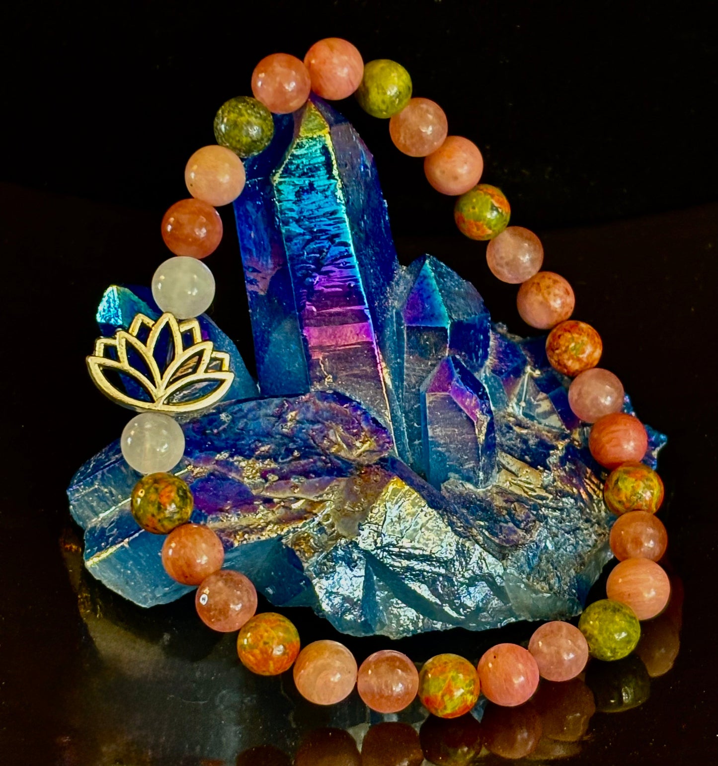 Chakra Healing Bracelet – Rose Quartz, Rhodonite & Unakite – 6mm Natural Stone Beads with Lotus Charm