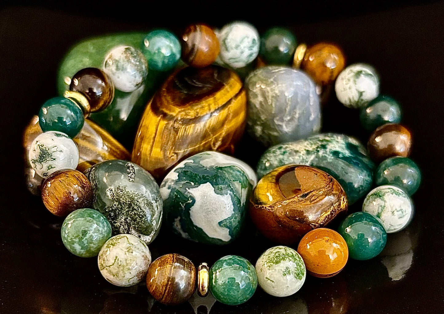 Moss Agate & Tiger Eye Gemstone Bracelet – 8mm Beads for Strength, Healing & Protection