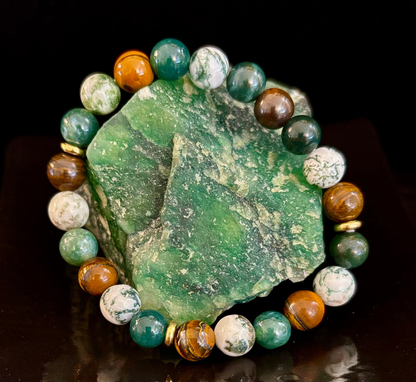 Moss Agate & Tiger Eye Gemstone Bracelet – 8mm Beads for Strength, Healing & Protection